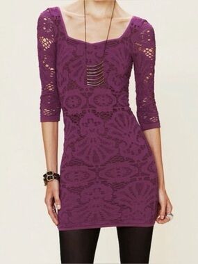 Free People ($140) Intimately Purple Floral Lace Bodycon Mini Dress XS/S